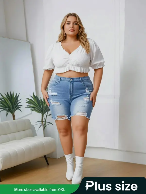 【Plus Size】Button Denim Shorts, Casual Fashion Short Jeans for Daily Wear, Women's Bottoms for All Seasons 0