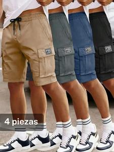 Paquete de 4 pantalones cortos para hombre ligeros de verano, corte holgado estilo streetwear; pantalones casuales para exteriores con múltiples bolsillos; pantalones de cinco paneles en color sólido.
