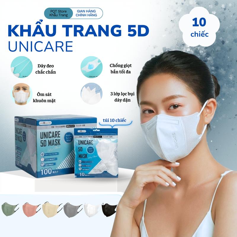    Dùng Thử   10 Chiếc Khẩu Trang 5D UNICARE Quai Mềm Không Đau Tai - Kháng Khuẩn Chống Bụi Mịn & Tia UV 