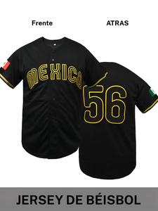 Jersey de béisbol retro dorado México #56, camisa bordada de manga corta, corte holgado casual, deportivo y para uso diario, estilo de cultura latina