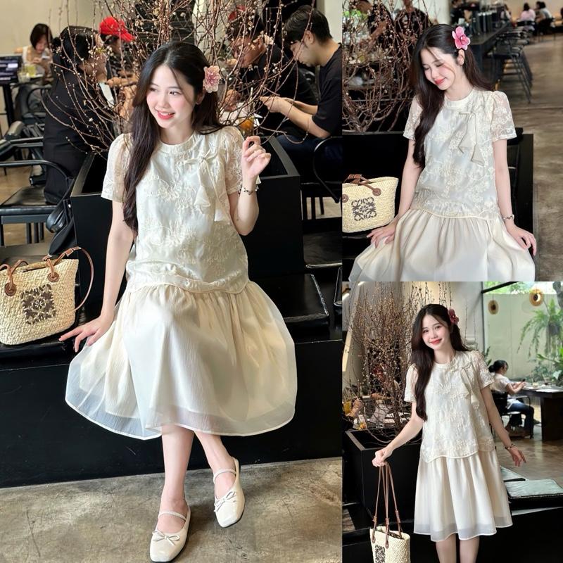  Đầm bầu Hachic tulip hoa thêu váy voan liền thân thanh lịch cho mẹ mang bầu và sau sinh mang Tết sang chảnh 