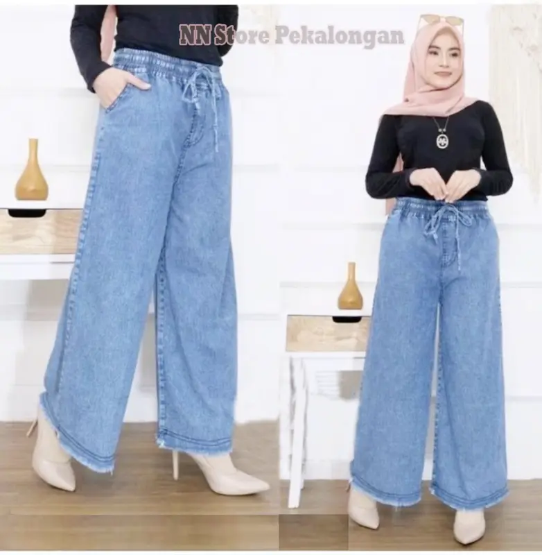 Cargo Pants Wanita - Celana Panjang Kulot Highwaist bahan Soft Jeans Grey Pinggang Karet 0