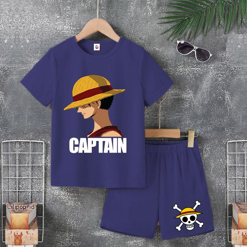 Baju Anak Stelan Usia 4 -10 Tahun LUFFY ONE PIECE Kaos 3/4 Cowok Cewek Celana Pendek Harian 5