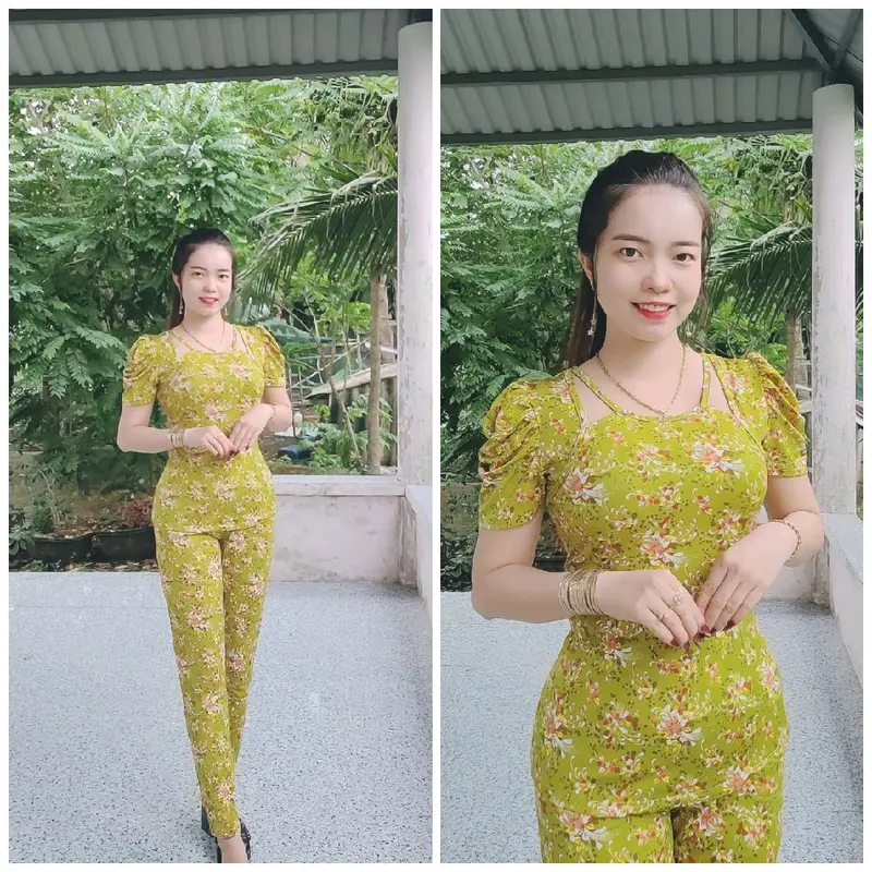 đồ bộ cổ yếm tay phồng quần dài ống nhỏ size 40-78kg Nữ Thun Áo 4