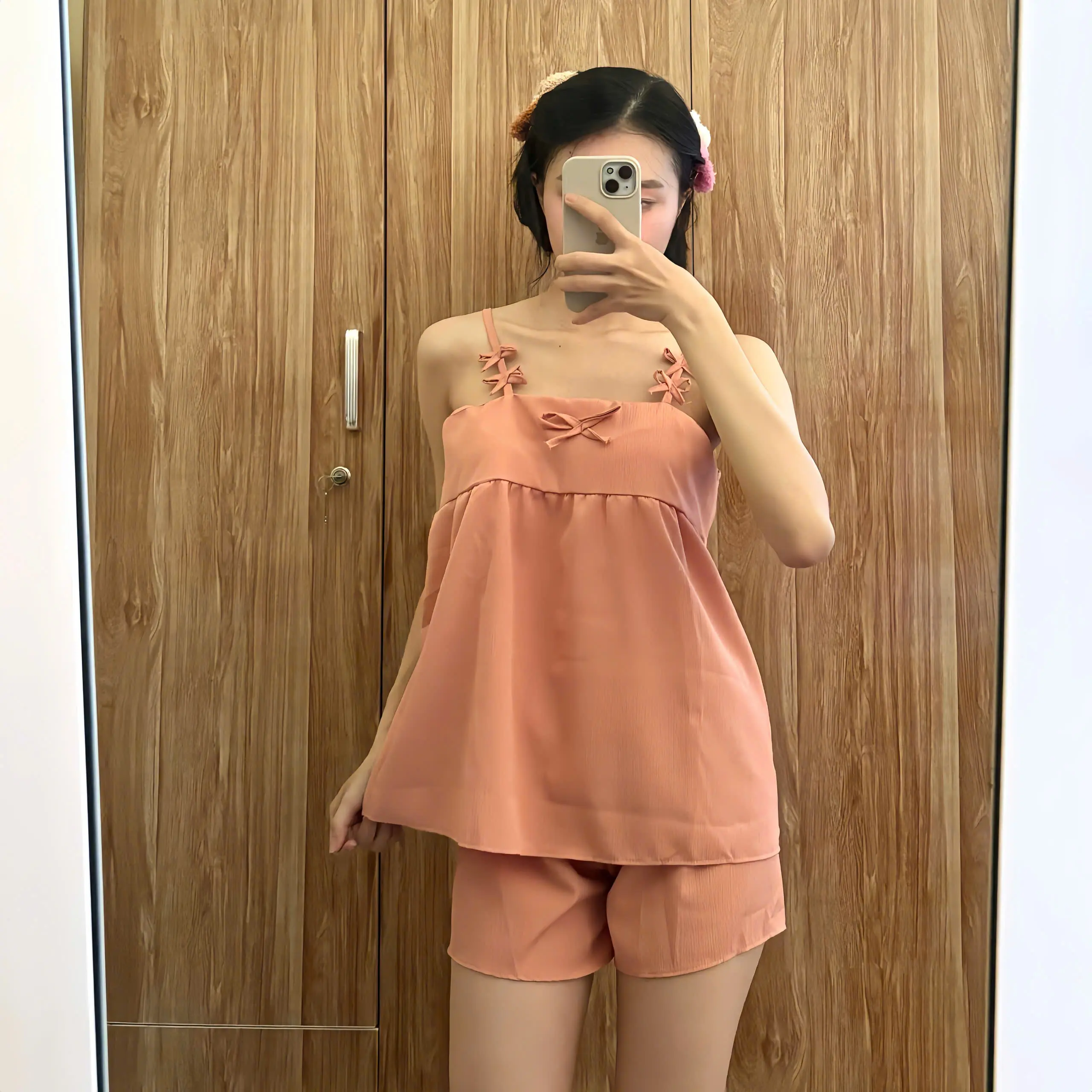 Set đồ bộ nữ quần đùi áo 2 dây nơ xinh xắn freeszie 40-56kg Nhung Women Top Voi