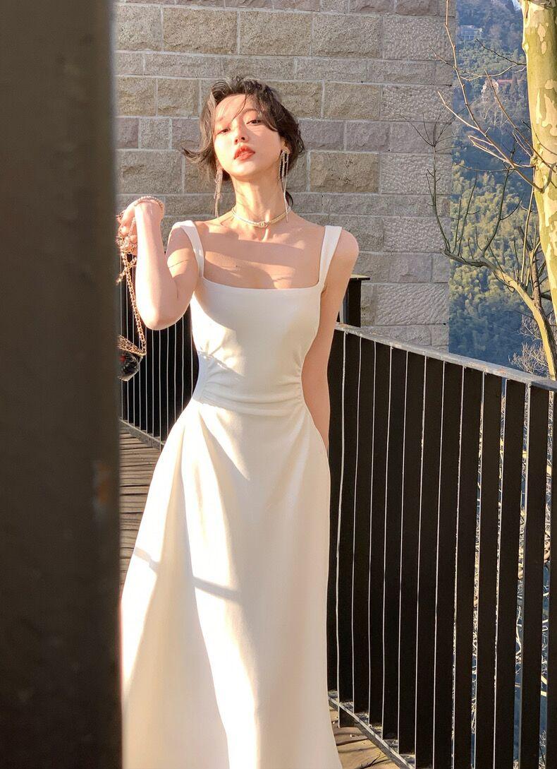 Product Introduction of Women's new slim fit mid length dress, solid color suspender dress, waist cinching, niche design for girls, women's mid length dress Casual Womenswear 8