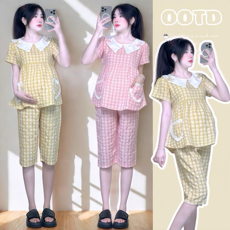 Bộ Đồ Bầu Caro Cổ Sen Tay Ngắn Mặc Nhà Cực Xinh Chất Mát Mịn, Mặc Được Sau Sinh