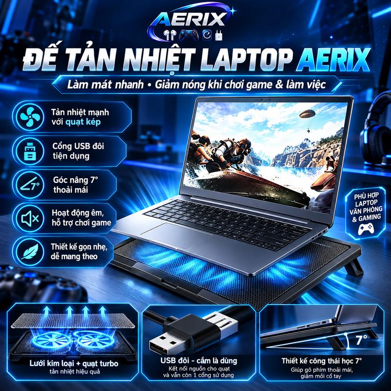 AERIX Đế tản nhiệt laptop máy tính bảng làm mát với chống ồn đèn led gaming giúp mát máy tăng fps giảm giật lag có 4 mức độ cao cho văn phòng game thủ