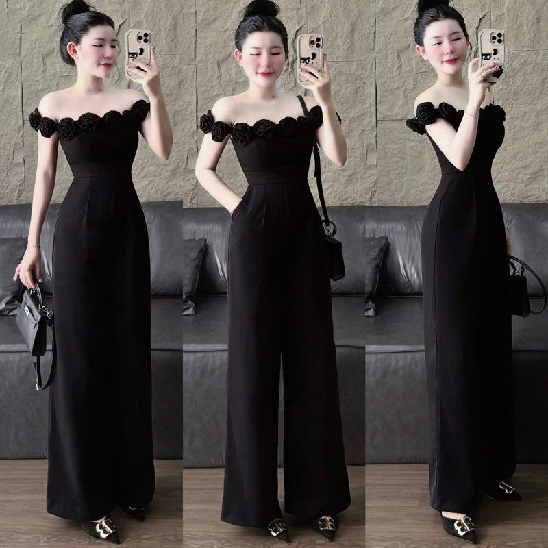  TIENSTYLE - Jum Hoa Trễ Vai Đính Bông Hồng Có Đệm Quần Ống Suông Rộng Đồ Noel Bigsize Nữ Quần Áo Tết Nữ Chất Tuyết Mưa Có Lót 