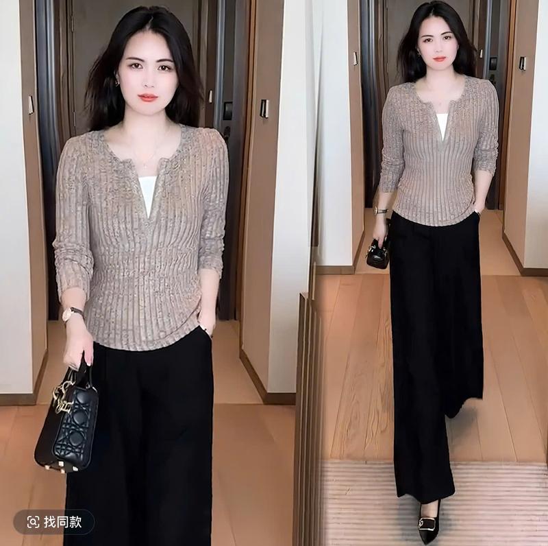  Áo nữ cổ trụ may phối giả hai lớp  tay dài vải len đũa form ôm tôn dáng 