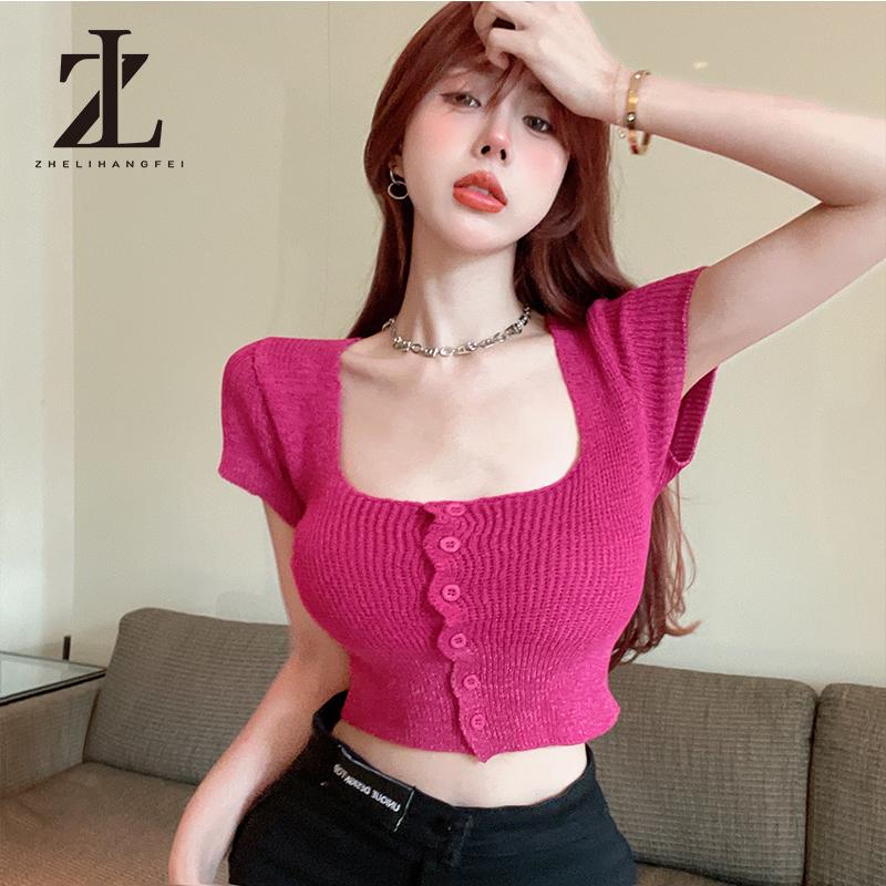 Áo croptop dệt kim tay ngắn cổ vuông thiết kế quyến rũ thời trang dành cho nữ