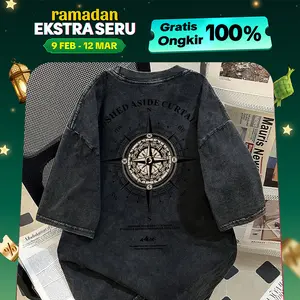 【COD】Jessica -Kaos Oversize Wanita - Model Lengan Pendek Black Washed Retro Amerika, Motif Kompas, Unisex, Bahan Katun