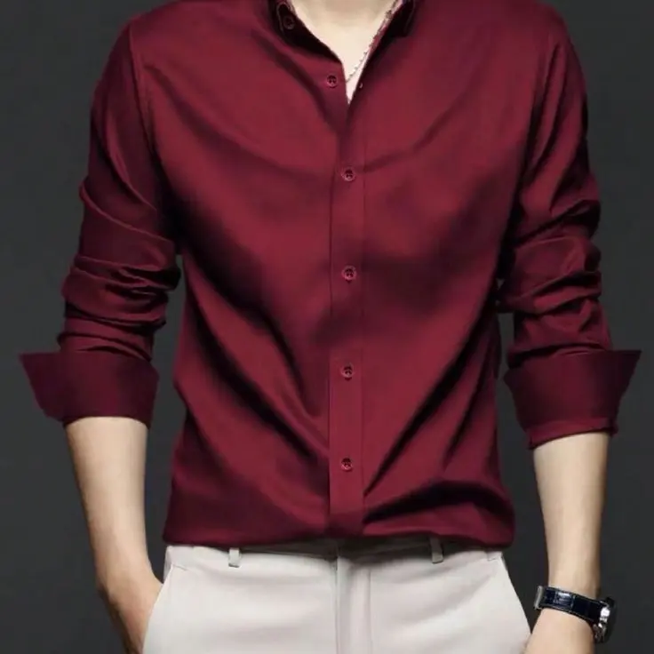 Kemeja Polos Burgundy Pria Lengan Panjang