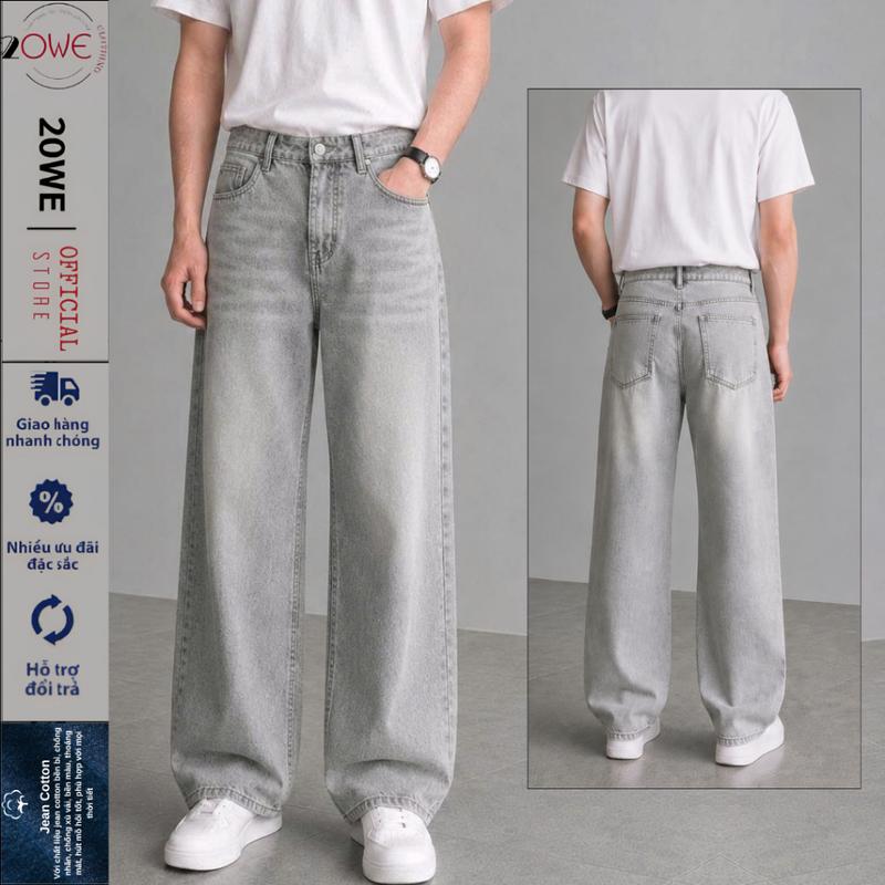 Quần Jean Nam Xám Sáng Ống Rộng Dáng Suông Chất Vải Dày Dặn Màu Đen Xám Gray V1-20We