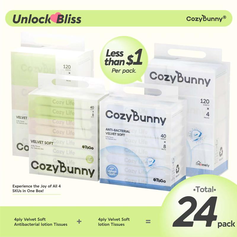 Product Introduction of CozyBunny Blissful Experience Box, Velvet Soft Lotion Facial Tissues, Velvet Soft Lotion Antibacterial Facial Tissues (Total 24 Packs- 1600 Sheets; 4Ply) (with less than $1 per pack) 8