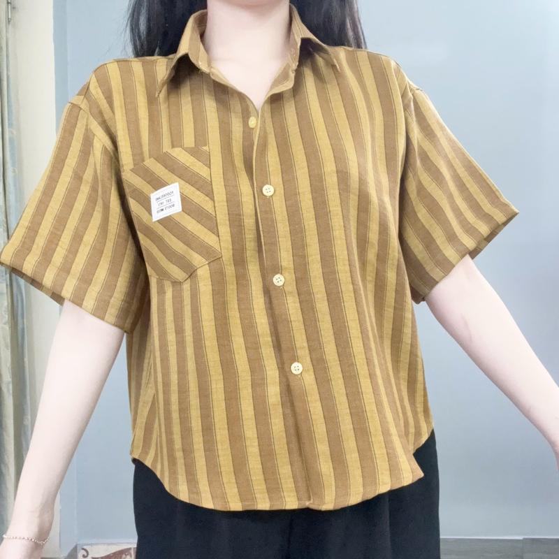 Áo sơ mi Croptop ngắn tay kẻ sọc form vừa vặn chất đũi jean chống nhăn thoáng mát B08