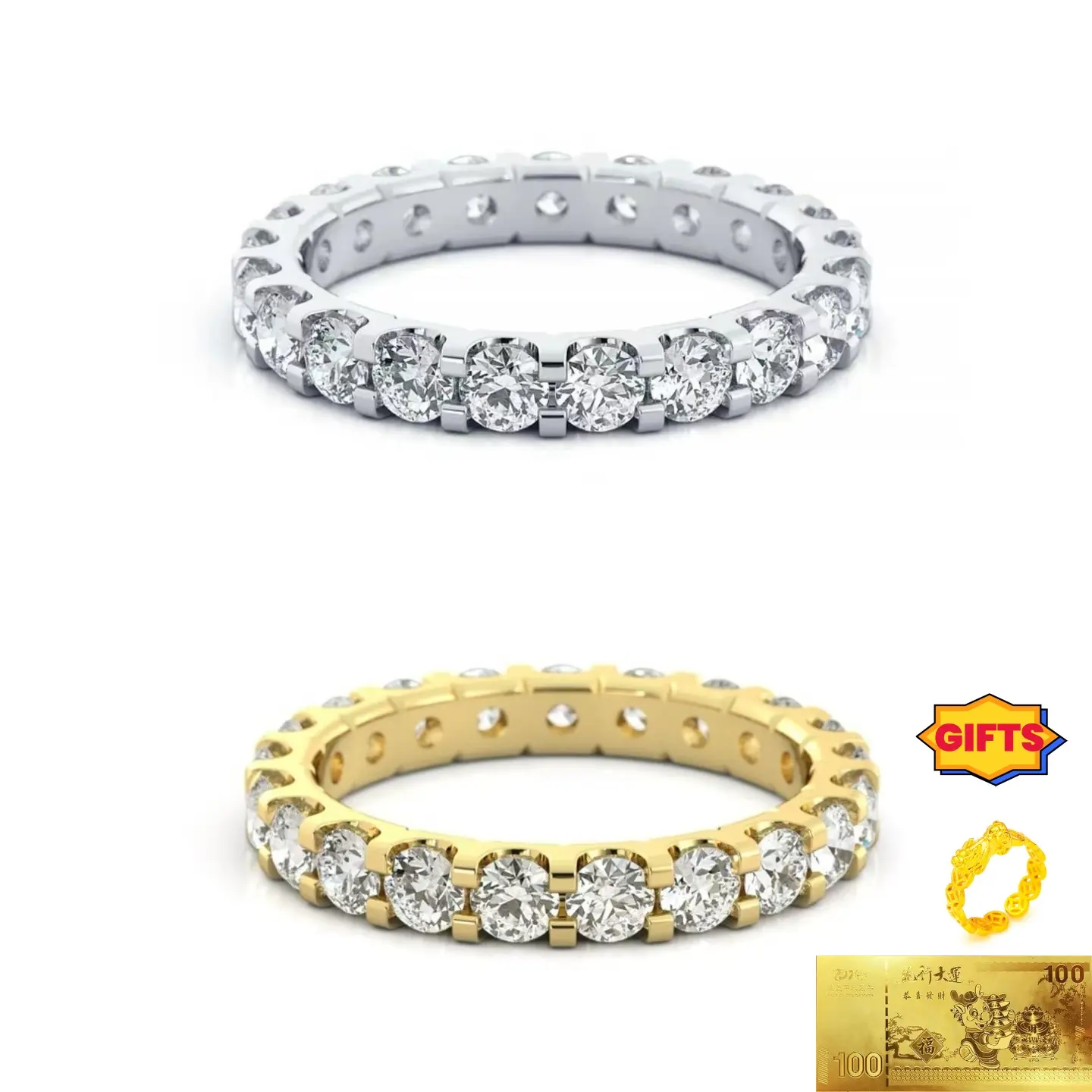 [New][Additional Gifts] Golden & Silvery Eternity Ring Band w/ 5A Quality Zirconia Stone Fixed Size 5-9