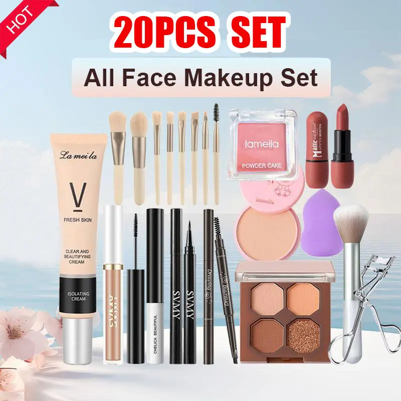 [20Pcs 1 Set Complete] All Face Makeup Set Foundation+Eyeshadow+Concealer+Blush+Mascara+Makeup 8Pcs Brush+Lipstick+Powder+Eye Pen+Eyeliner+Puff+Clip+Brush+Waterproof Long Lasting Makeup Natural Kit