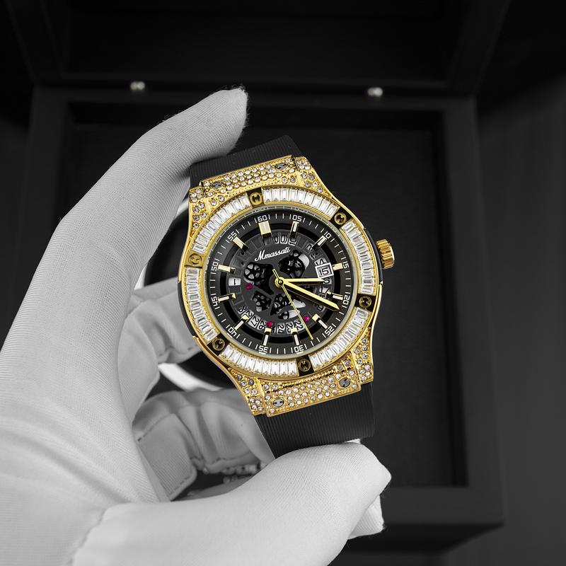 N218 Vàng ĐỘC QUYỀN HÙNG LUXURY .VN - Đồng hồ nam Mmasseti đính đá ống sang trọng Màu đen viền vàng chống nước tốt