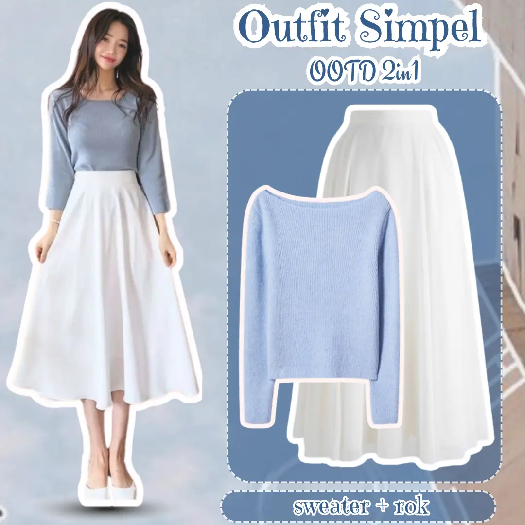 One Set Style Biru Simpel Sweater Rajut Wanita Lucu + Rok Waffle Premium Knit LR37