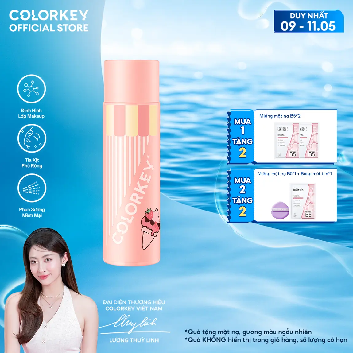 Xịt Khóa COLORKEY Phiên Bản Ice Cream Tia Sương Mịn Giúp Cố Định Lớp Trang Điểm Lâu Trôi Hỗ Trợ Dưỡng Ẩm 100ml/chai