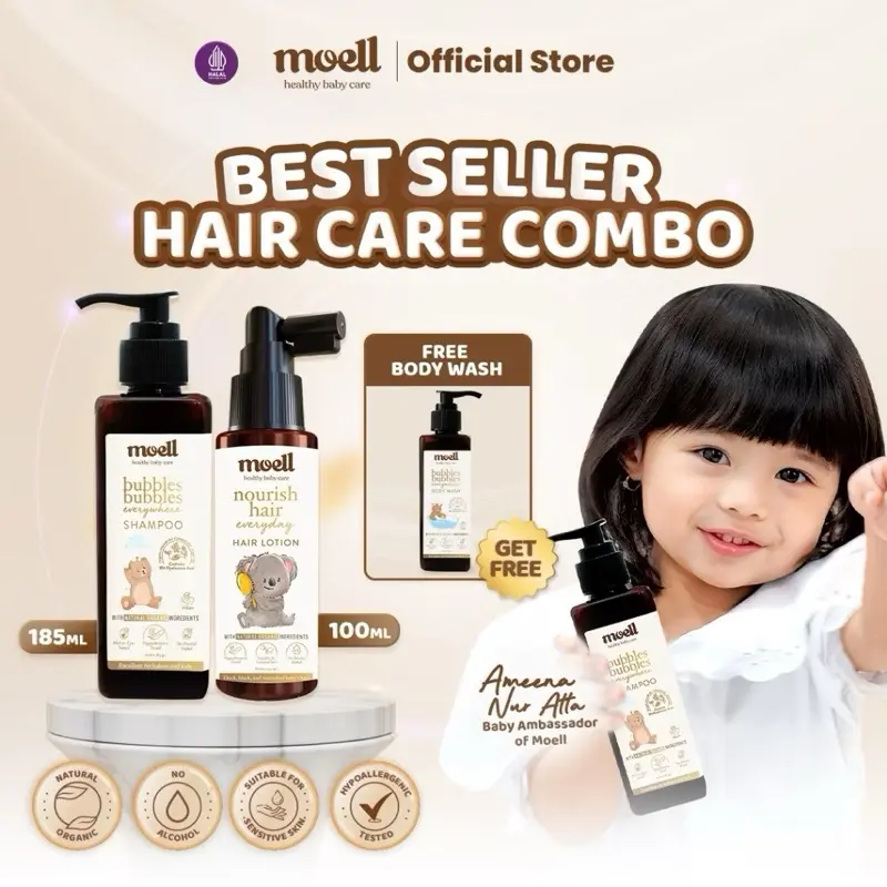 Moell Hair Care - (Shampoo 185ml & Hair Lotion 100ml) - Hair Care with Panax Ginseng, Kemiri, Biotin - Perawatan Rambut Bayi & Anak pikaru kondisioner sakura anti-ketombe Travel Smooth shampoo non rambut rontok Smoothing Keratin Haircare sampo penumbuh 2