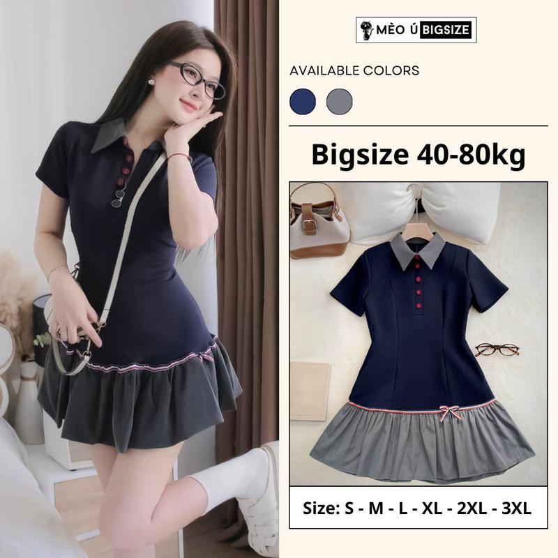 Đầm thiết kế BIGSIZE Mèo Ú váy cổ sơ mi cộc tay cúc đỏ đuôi váy xoè đính nơ tiểu thư 5340