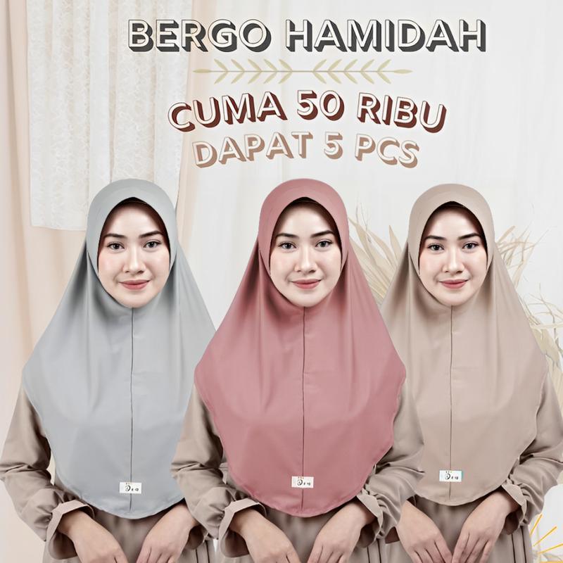 Hijab Bergo Hamidah 5 Pcs 50 ribu Size M Menutup dada / Kerudung Bergo instan Hamidah jersey premium 0