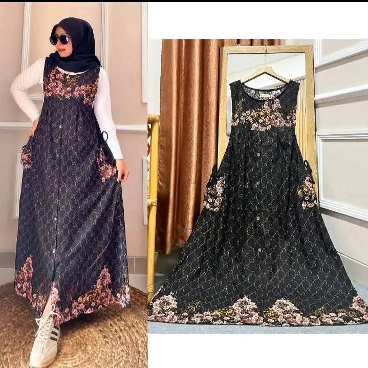 GAMIS OVERALL SAKU KANAN KIRI // HAGIA OVERALL KATUN MOTIF ONLY Linen Muslim Wanita Dress Kancing Panjang Basic Dewasa 5