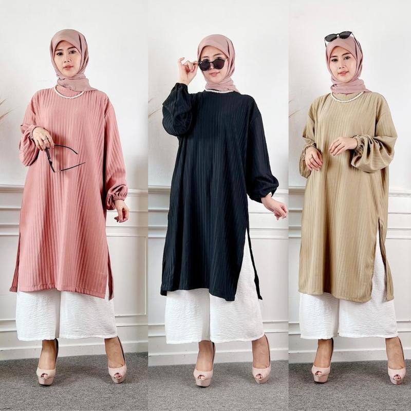 tunik wanita knit muslim ld 120 lengan karet Midi dres wanita melar 0