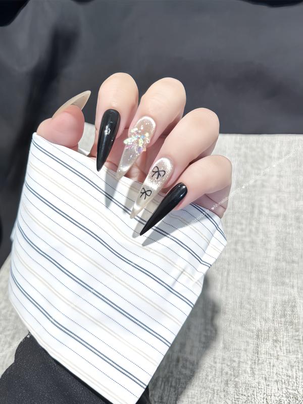 N17 BỘ 10 CHIẾC NAILS BOX THỦ CÔNG MẮT MÈO THẠCH NÂU PHỐI MÀU ĐEN CHAMR NƠ LẤP LÁNH LÀM NAILS NỮ SANG TRỌNG