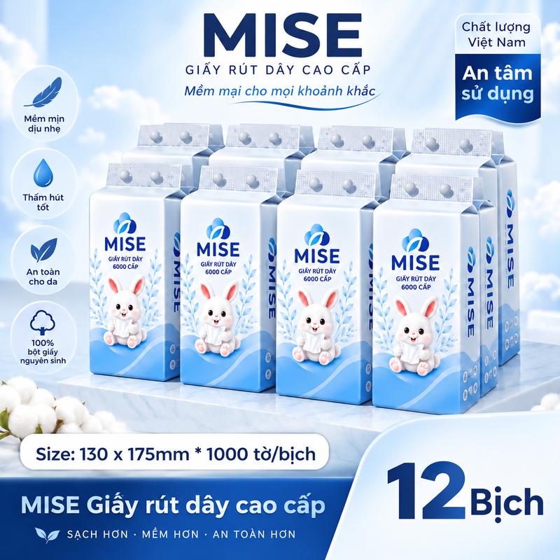 12 Bịch Giấy Rút Dây MISE + 6 Móc Treo – Combo 12.000 Tờ, 1000 Tờ/Bịch – Giấy Cao Cấp 100% Bột Giấy Nguyên Sinh, Mềm Mịn, Thấm Hút Tốt