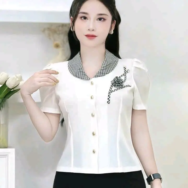 Áo kí giả phối CỔ SAM KẺ. tặng kèm hoa cài ngực - Phong cách trẻ trung và nữ tính - Women, Kem - Sen, Top Sơ Mi 4