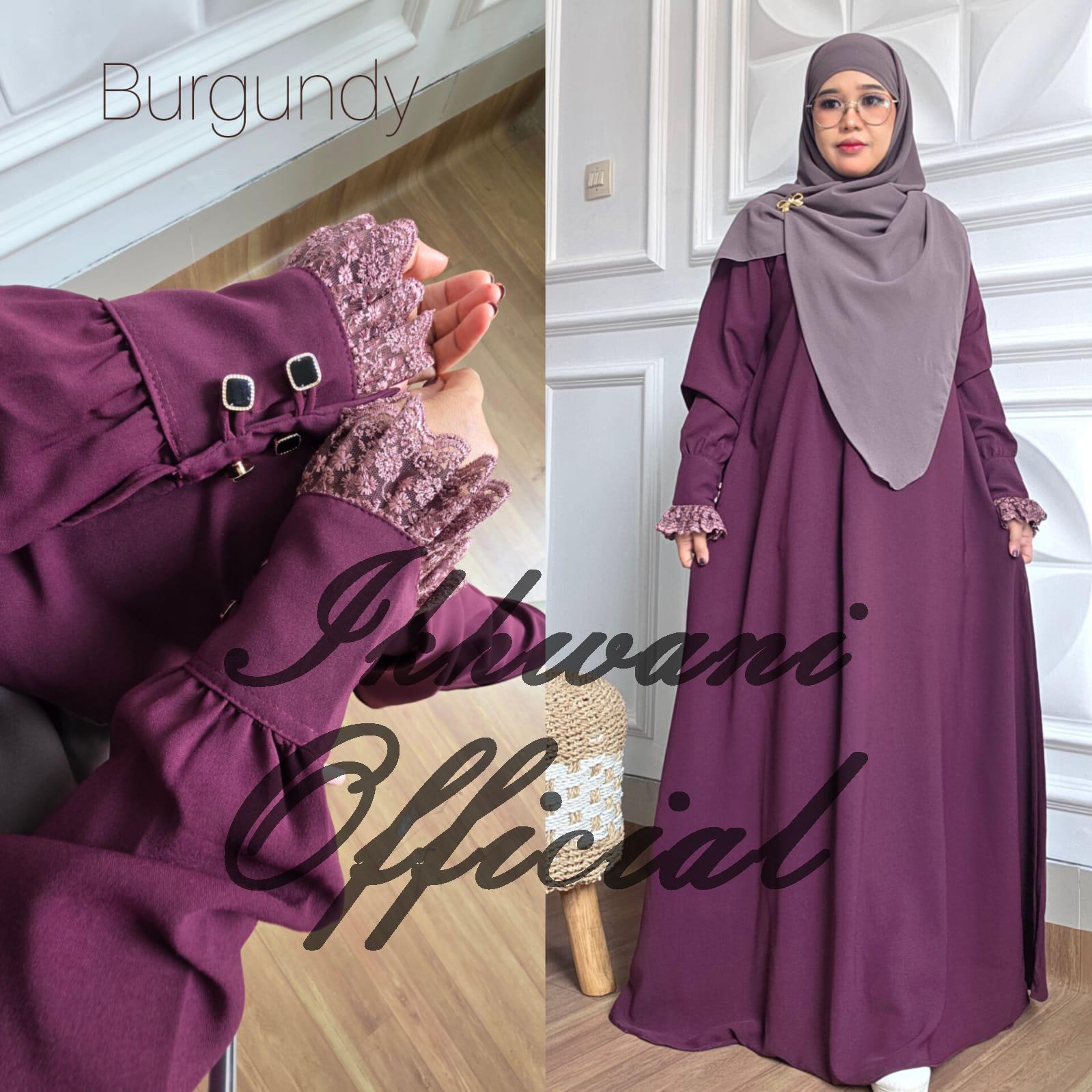 Abaya YASMIN NUA Ikhwani tangan kancing variasi renda Abaya umroh haji muslimah syar'i