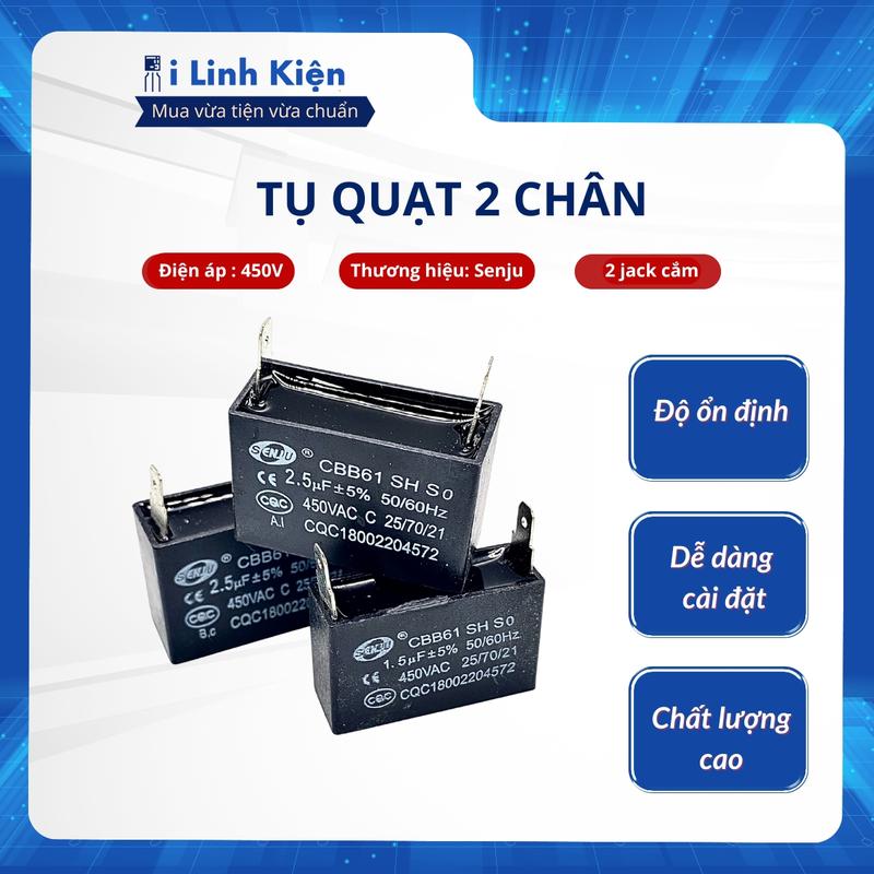 Tụ quạt 1uF 1.2uF 1.5uF 2uF 2.5uF 3uF 5uF 450VAC CBB61 chân cắm jack
