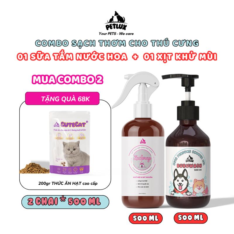  Combo Sạch Thơm Cho Thú Cưng: 01 Sữa Tắm Nước Hoa 500ml & 01 Xịt Khử Mùi 500ml - Dành Cho Chó & Mèo - Hương Nước Hoa Cao Cấp - Giữ Lông Mượt & Thơm Tho - An Toàn Cho Thú Cưng & Người Sử Dụng 