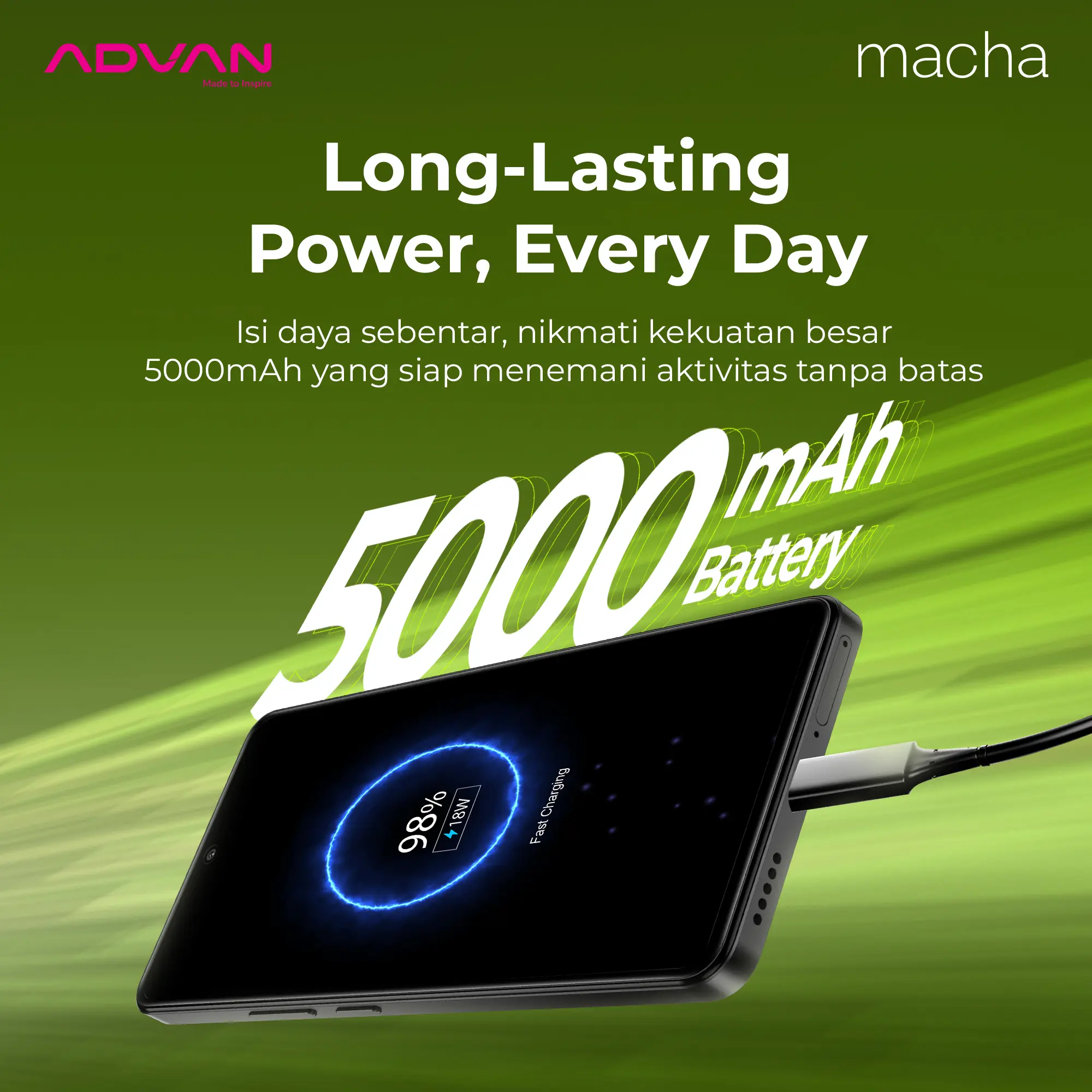 ADVAN MACHA Smartphone 5G Dimensity 7060 8GB/256GB UFS 3.1 NFC Fingerprint 5000mAh Android 15 AMOLED Display 6,67” inch 120Hz 50MP IMX752 AI Assistant Gyroscope Hardware Fast Charging