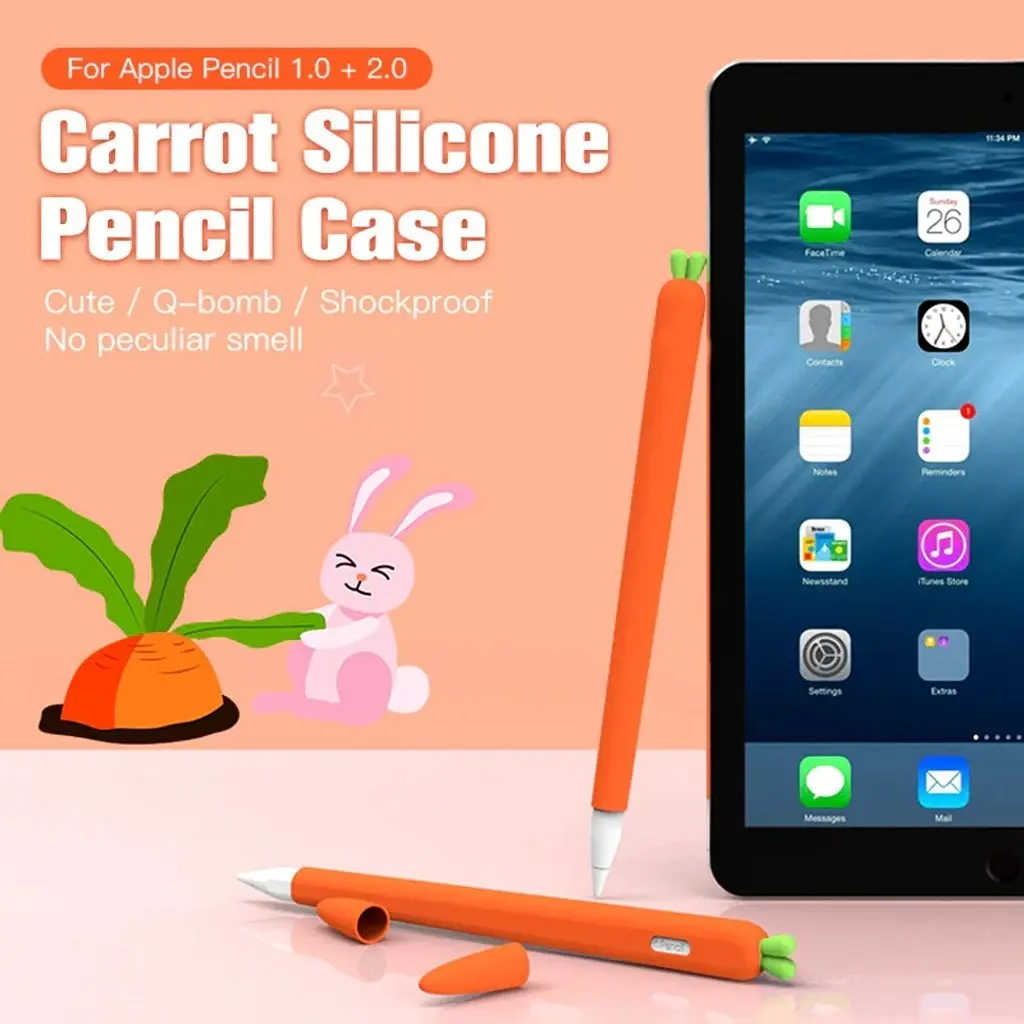 Apple Pencil Case Soft Silicone Cute Model Carrot Gen 1 & 2 Touch Stylus Pen Pouch Pelindung stylus Pen