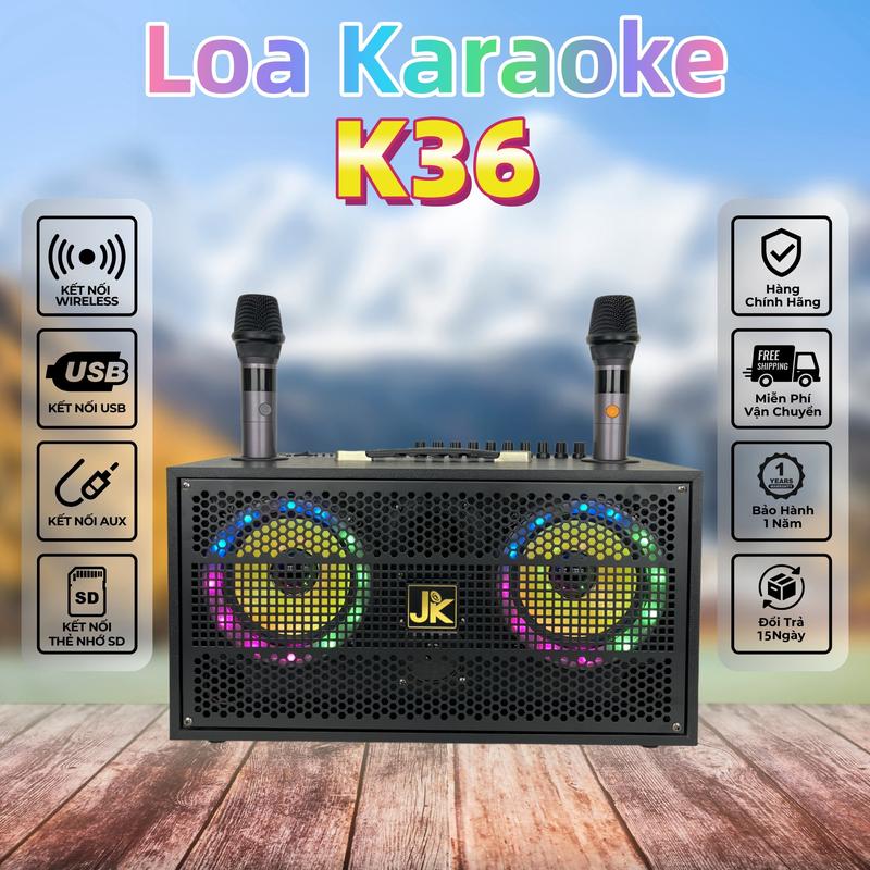 Loa Karaoke JK-K36 400W Di Động Nghe Nhạc Xách Tay Bluetooth, LED tạo hiệu ứng 8 chế độ, Loa ngoài trời, Loa gia đình, 2 Micro không dây, 3 Đường Tiếng - Bass 17cm x 2, Mid x 3, Treble x 1, Bảo Hành 12 Tháng