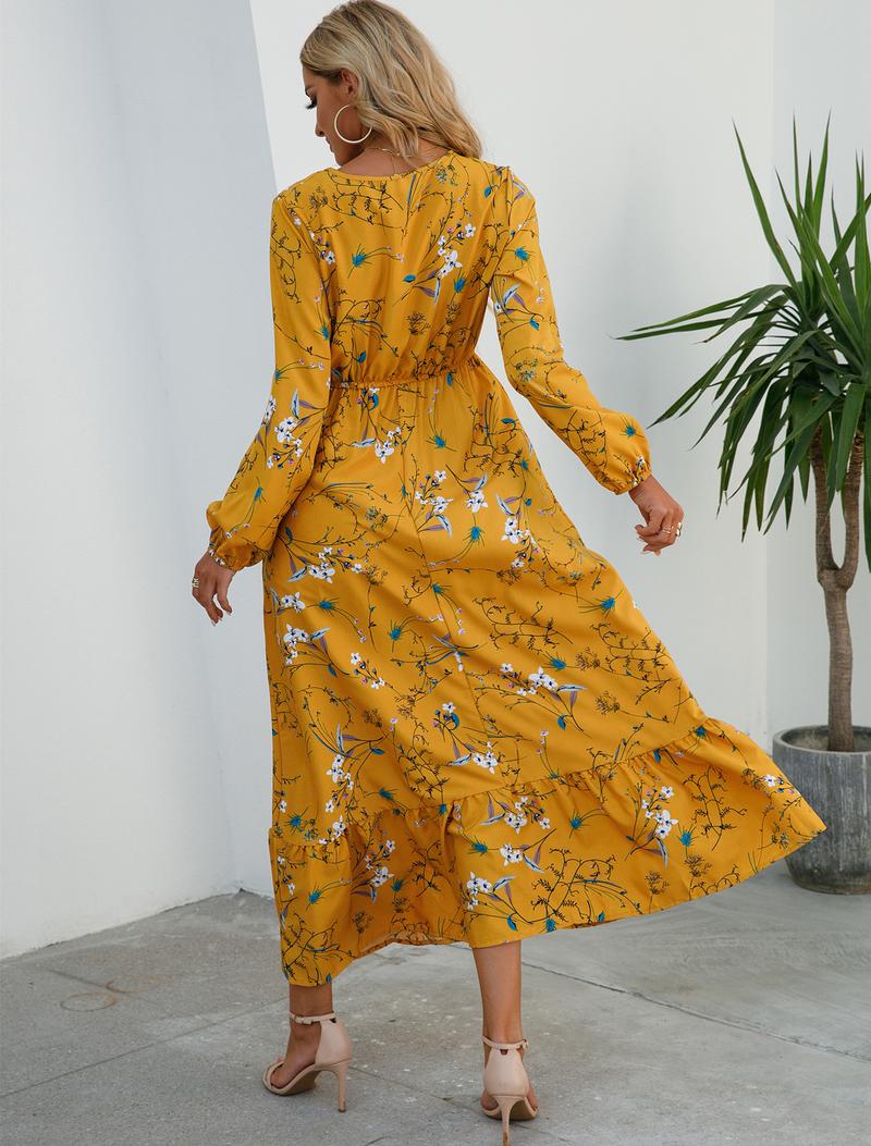 Product Introduction of Cross-Border Foreign Trade Spring and Autumn Floral Chiffon Dress Waist-Controlled Slimming Long Sleeve round-Neck Long Printed Dress Women's 26