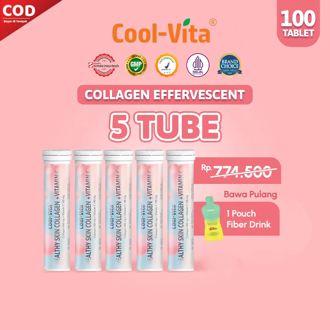 [TT] Coolvita 5 Tube Collagen Effervescent (Total 100 Tablet) - Minuman Larut Rasa Peach | Mengandung 500mg Fish Collagen dan 100mg Vit C per Tube | Membantu Menjaga Kesehatan Kulit