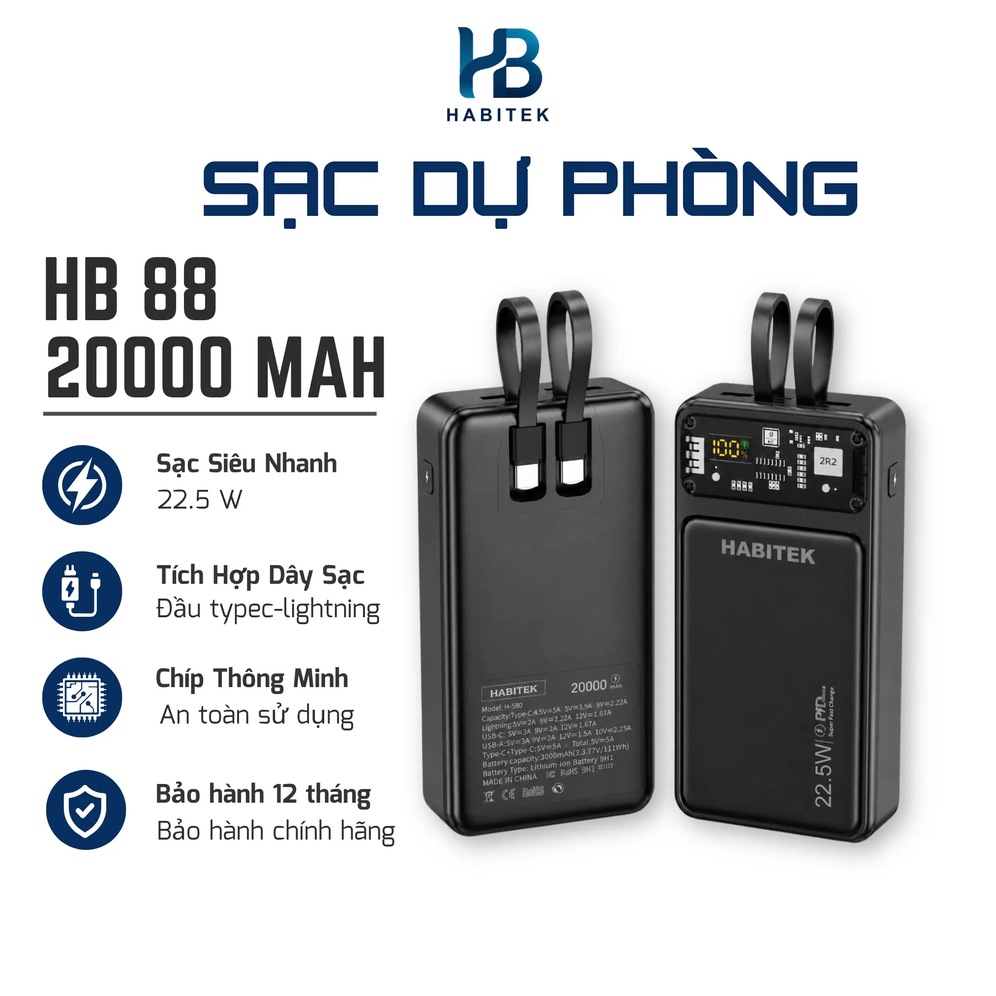Sạc Dự Phòng HB88 20000mah Tích Hợp 2 Dây Sạc , Sạc Siêu Nhanh, Bảo Hành 12 Tháng Phụ Kiện Điện Thoại Pin Dự Phòng