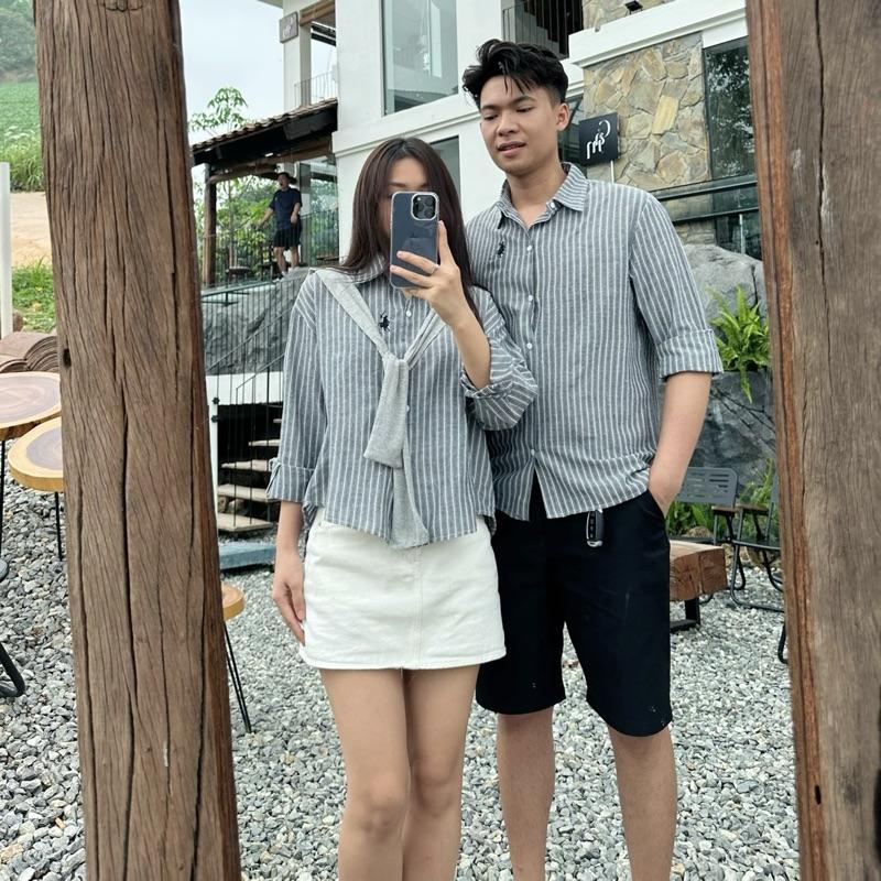 S -46 GIÁ MỞ BÁN giá cặp Bộ đồ đôi couple mặc cùng người yêu sơmi nam nữ dài tay thêu ngựa chất thô mềm kèm khăn dáng rộng