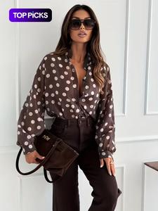 Top elegante de mujer con lunares, camisa de manga larga de ajuste holgado, cuello alto semitransparente, para todas las estaciones