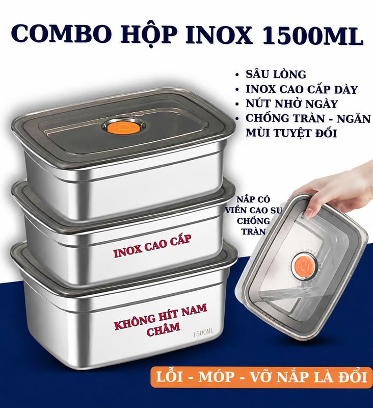 COMBO hộp khay inox 1500ml có năp kín nước, hộp inox đựng đồ để tủ lạnh ngăn…