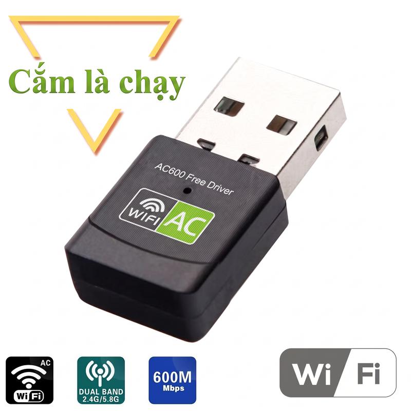 Bộ thu sóng Wifi USB AC600 600Mbps 2 băng tần 5G không cần cài driver