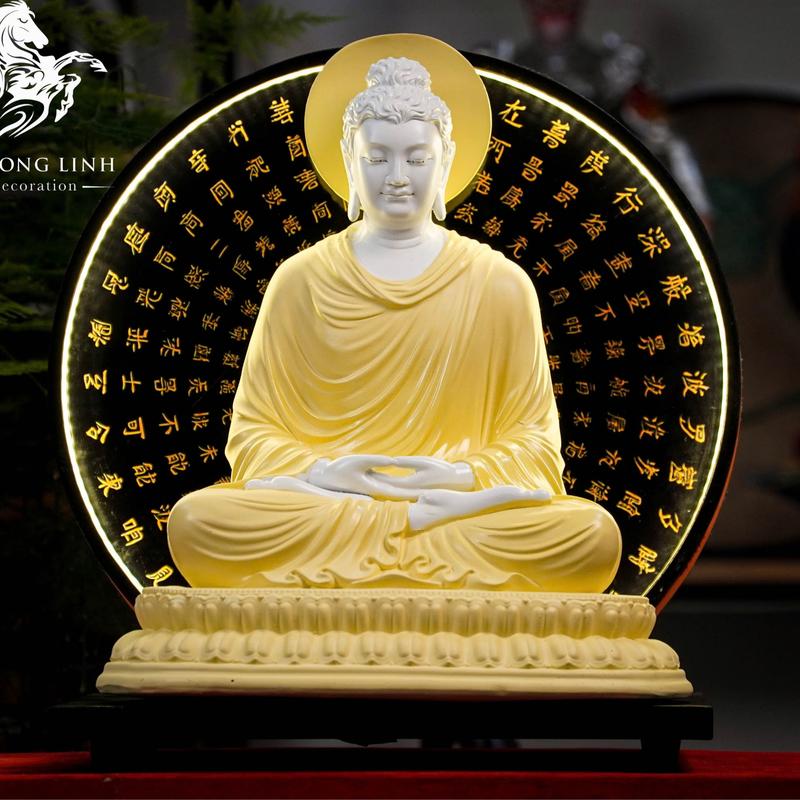 Tượng Phật Thích Ca Tọa Thiền kèm đèn Led Hào Quang trưng bày phòng thờ góc tu tập Phương Linh Decor
