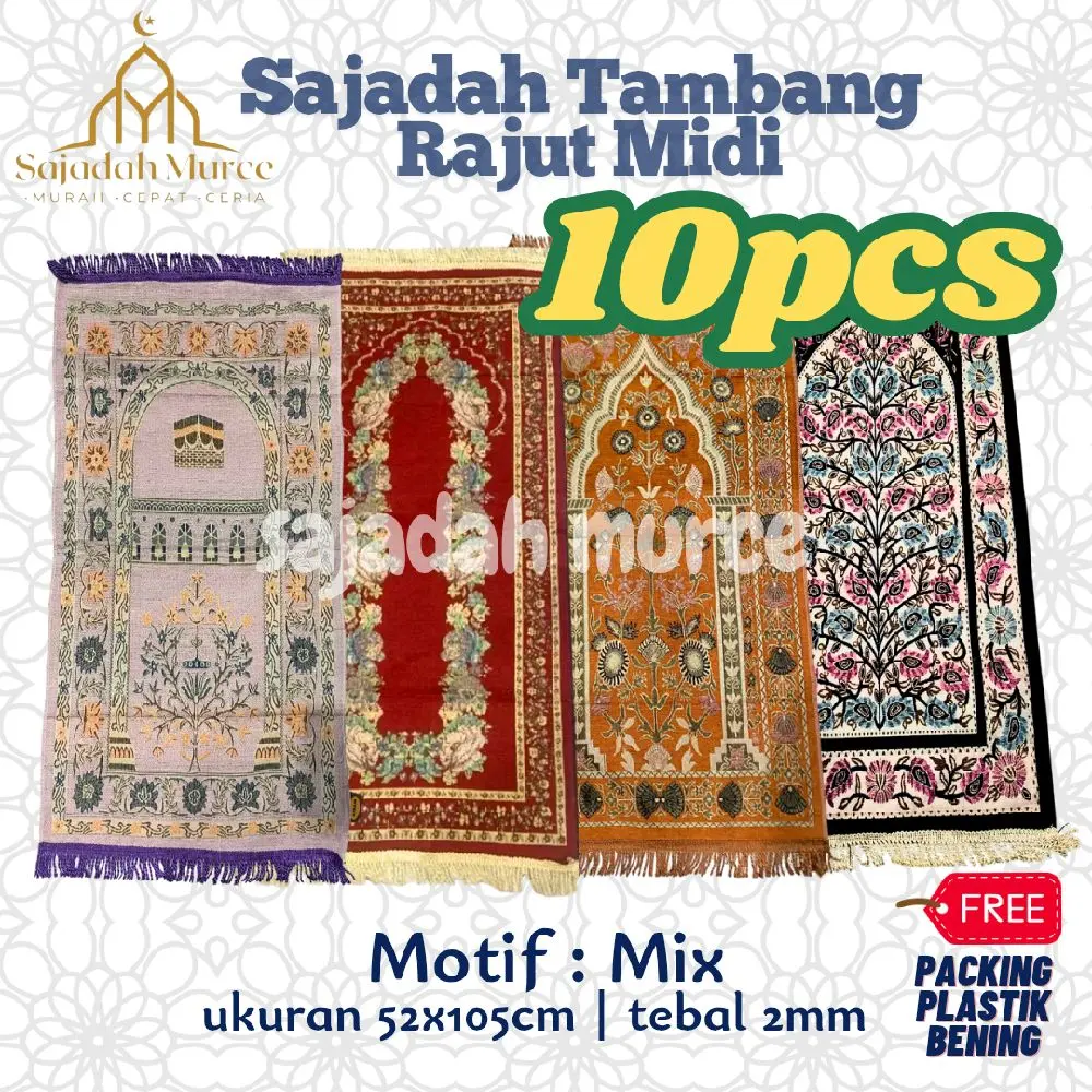 10pcs Sajadah Tambang Midi 52x105 cm Bahan Halus Lembut dan Sudah Ada Label Merk Sajadah Turki Traveling Umroh Nyaman Haji Muslim