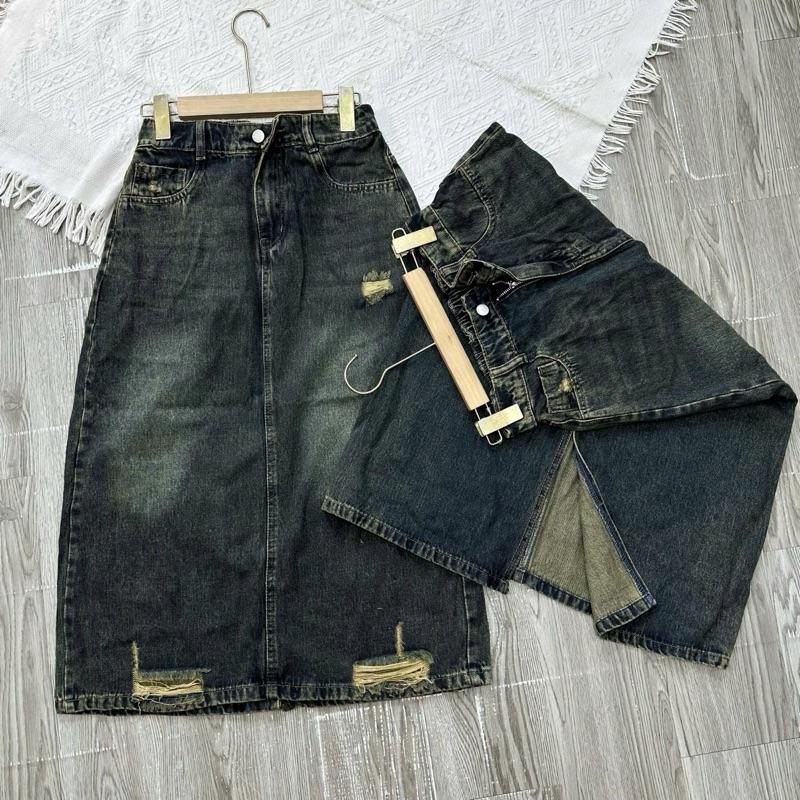 3133 BIGGSIZE Chân váy jeans nữ dáng dài cạp cao không co dãn chân váy jeans dáng chữ A chun sau tạo kiểu gấu Women