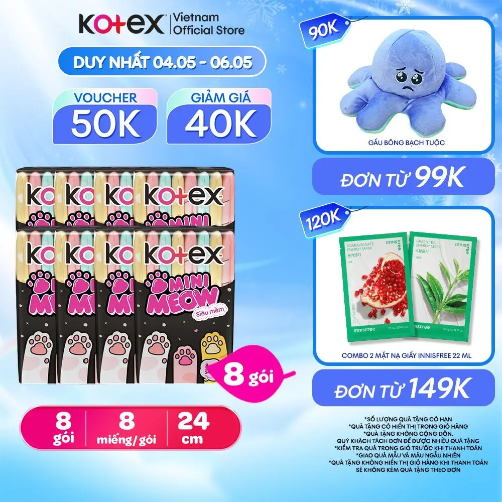 Lốc 8 Băng vệ sinh Kotex MiniMeow Siêu mềm siêu mỏng cánh 8 miếng